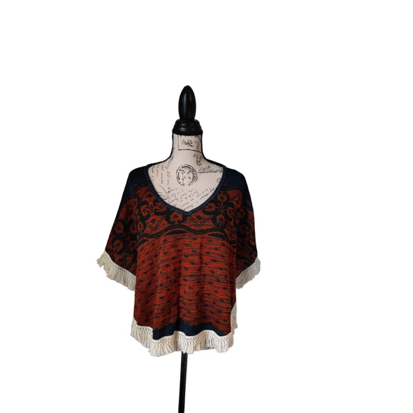 Vintage Havana Fringed Poncho Cape V-Neck Boho One Size Orange Blue - Picture 4 of 11